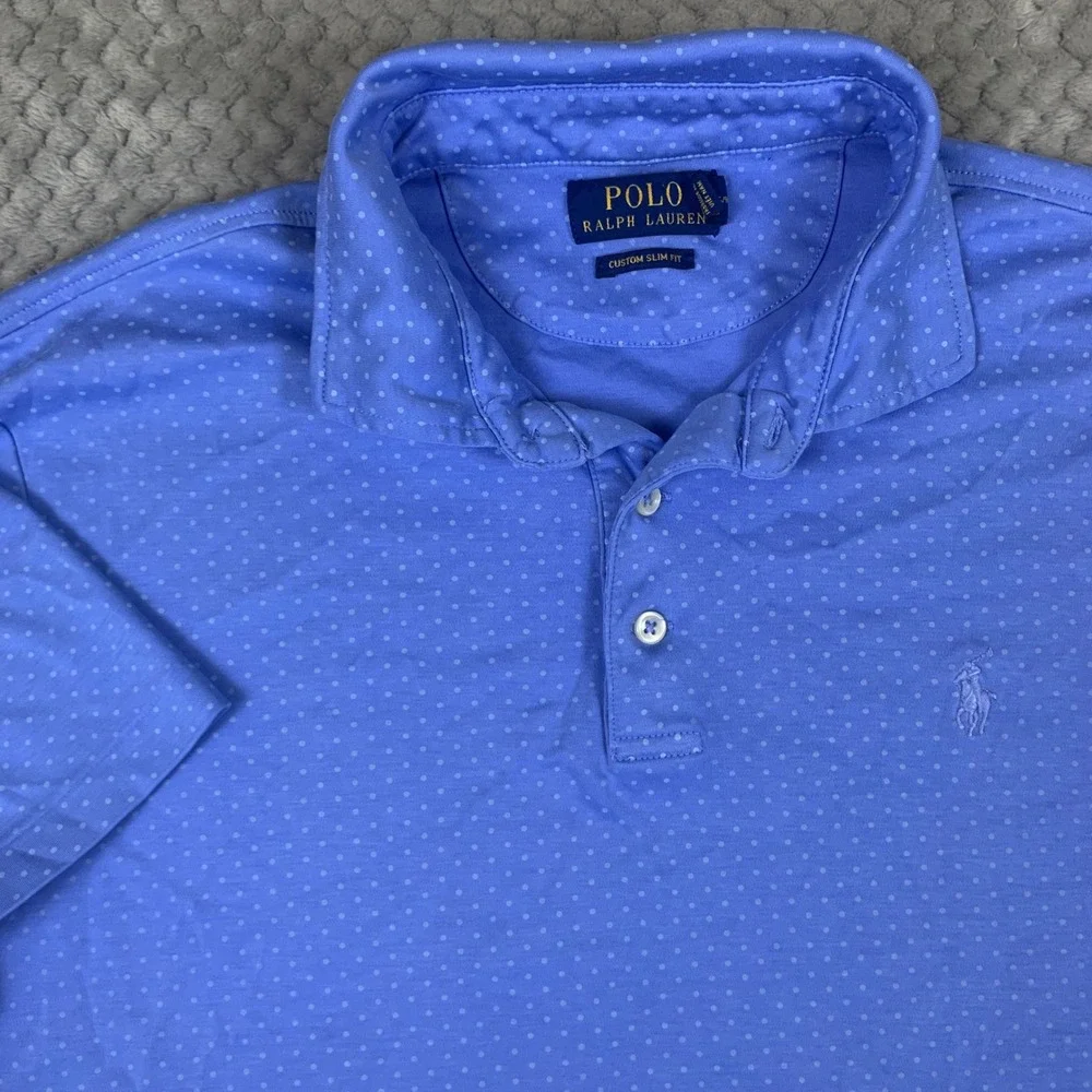 Polo Ralph Lauren Polo Shirt Mens M Blue Polka Dot Custom Slim Fit Short Sleeve